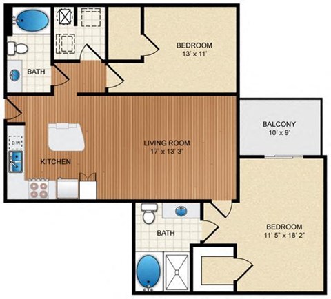 Floor plan for 2 beds, 2 baths, 1086 sqft