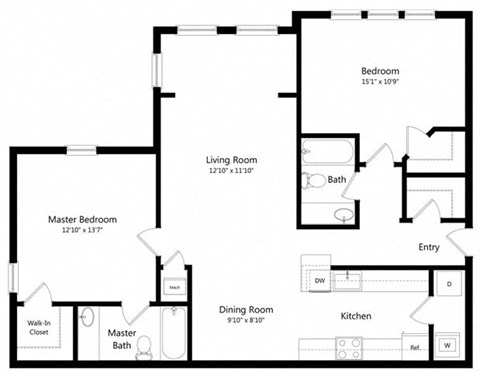 Floor plan for 2 beds, 2 baths, 1119 sqft