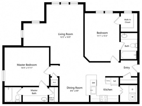 Floor plan for 2 beds, 2 baths, 1176 sqft