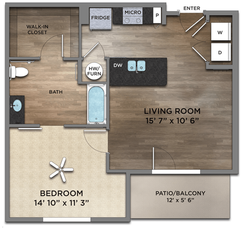 Floor plan for 1 bed, 1 bath, 703 sqft