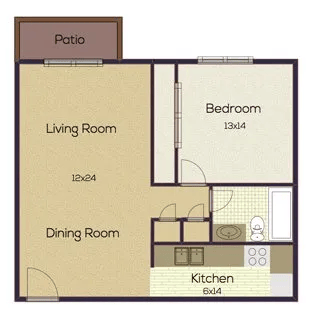 Floor plan for 1 bed, 1 bath, 640 sqft