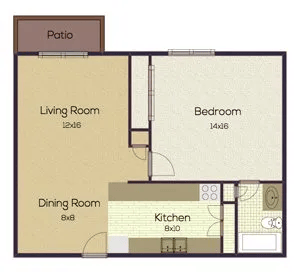 Floor plan for 1 bed, 1 bath, 640 sqft