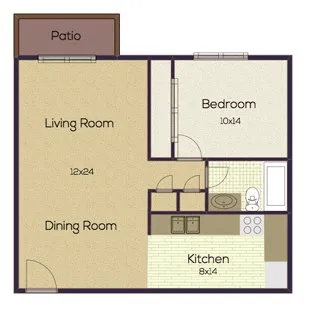 Floor plan for 1 bed, 1 bath, 640 sqft