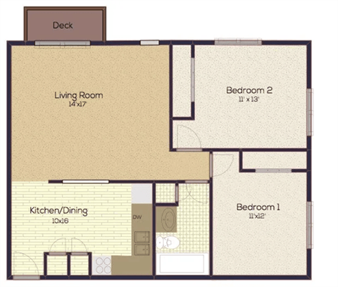 Floor plan for 2 beds, 2 baths, 640 sqft