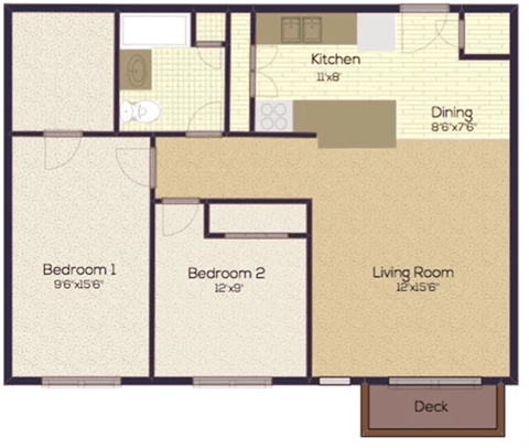 Floor plan for 2 beds, 1.5 baths, 800 sqft