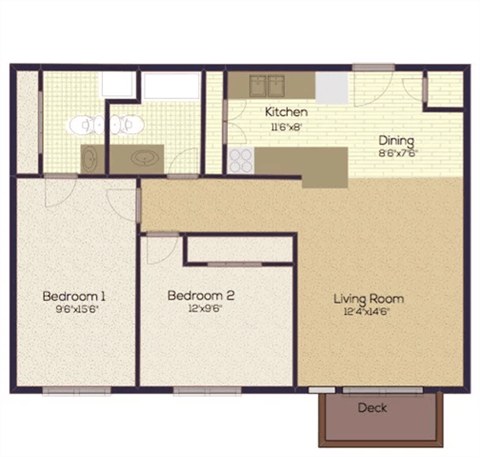 Floor plan for 2 beds, 2 baths, 850 sqft