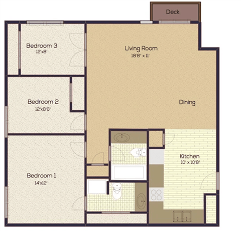 Floor plan for 3 beds, 2 baths, 1000 sqft