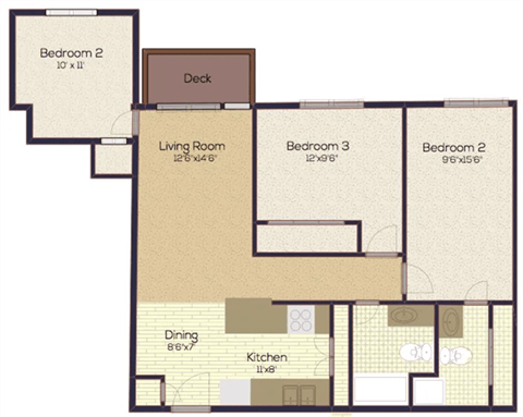 Floor plan for 3 beds, 2 baths, 940 sqft