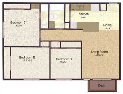 Floor plan for 3 beds, 1.5 baths, 950 sqft