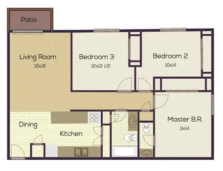 Floor plan for 3 beds, 2 baths, 950 sqft
