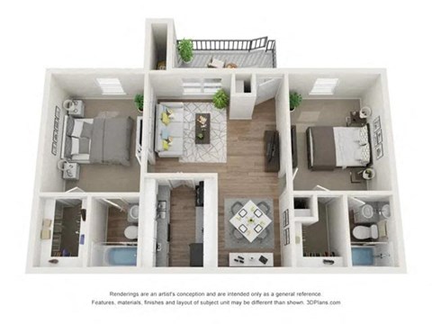 Floor plan for 2 beds, 2 baths, 952 sqft