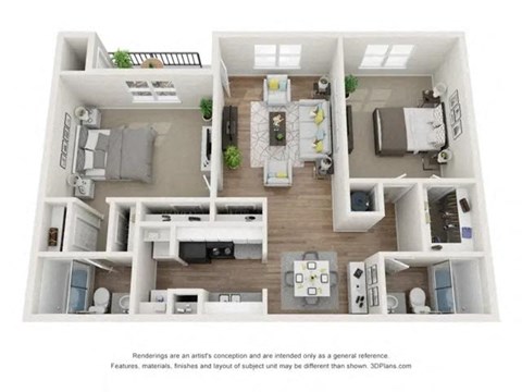 Floor plan for 2 beds, 2 baths, 1034 sqft