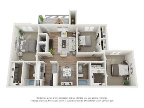 Floor plan for 3 beds, 2 baths, 1266 sqft