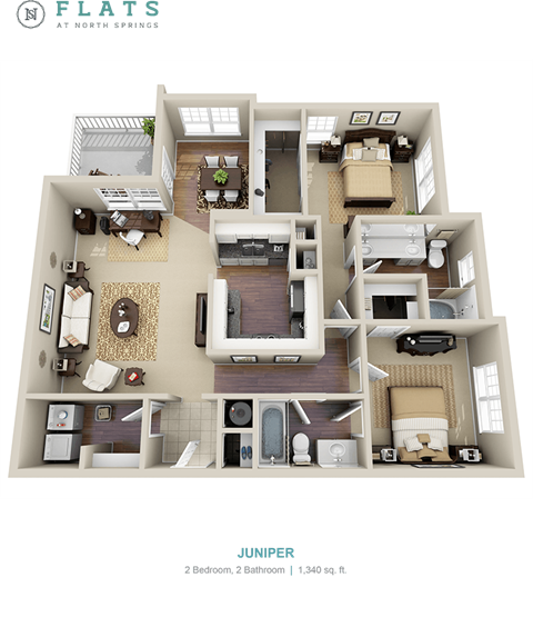 Floor plan for 2 beds, 2 baths, 1340 sqft