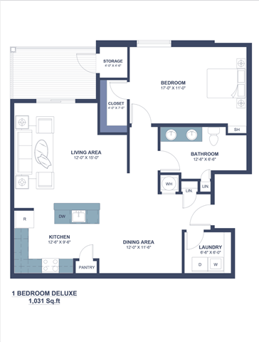 Floor plan for 1 bed, 1 bath, 1031 sqft