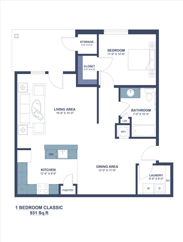 Floor plan for 1 bed, 1 bath, 931 sqft