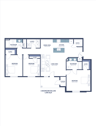Floor plan for 3 beds, 2 baths, 1559 sqft