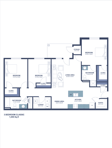 Floor plan for 3 beds, 2 baths, 1458 sqft