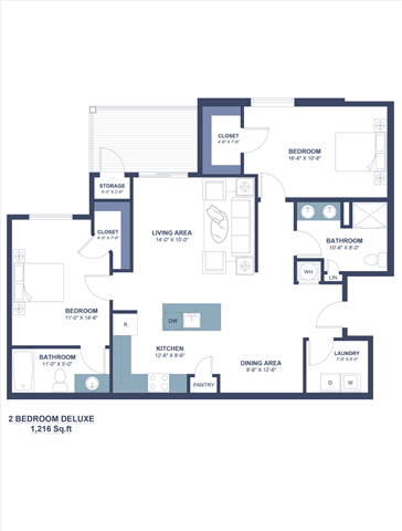 Floor plan for 2 beds, 2 baths, 1216 sqft