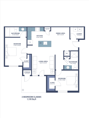 Floor plan for 2 beds, 2 baths, 1135 sqft