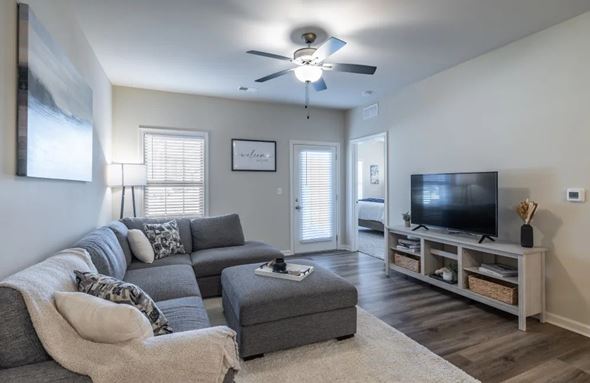 Lexington apartment for rent - A living room with a grey couch and a television on a wooden stand.