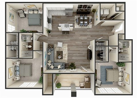 Floor plan for 3 beds, 2 baths, 1374 sqft