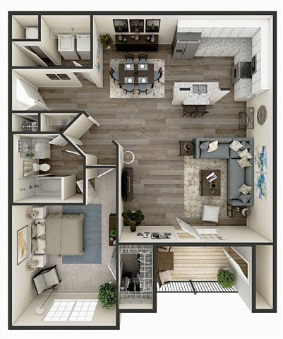 Floor plan for 1 bed, 1 bath, 949 sqft