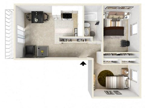 Floor plan for 2 beds, 1 bath, 675 sqft