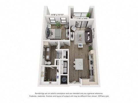 Floor plan for 1 bed, 1 bath, 764 sqft