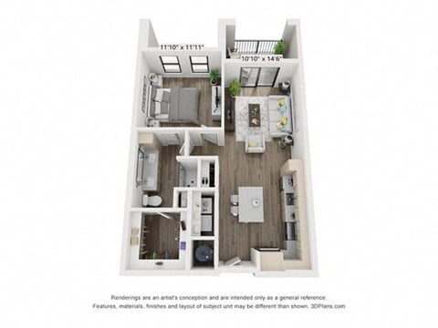 Floor plan for 1 bed, 1 bath, 754 sqft