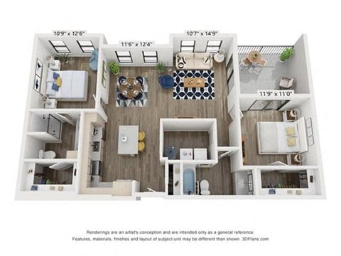 Floor plan for 2 beds, 2 baths, 1225 sqft