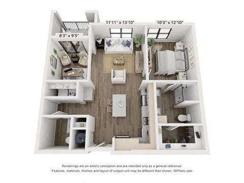 Floor plan for 1 bed, 1.5 baths, 873 sqft