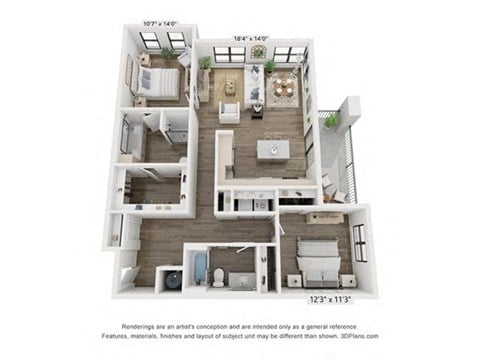 Floor plan for 2 beds, 2 baths, 1313 sqft