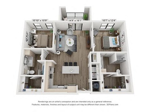 Floor plan for 2 beds, 2 baths, 1116 sqft