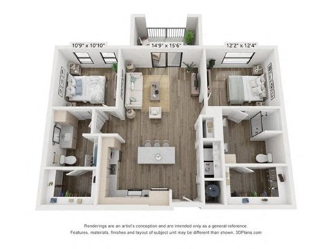 Floor plan for 2 beds, 2 baths, 1045 sqft