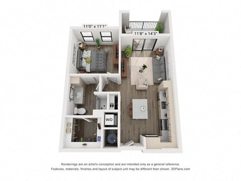 Floor plan for 1 bed, 1 bath, 748 sqft