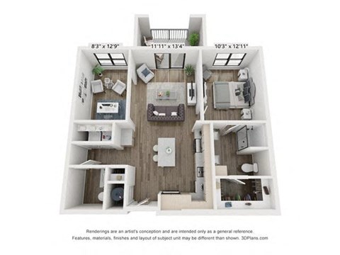 Floor plan for 1 bed, 1.5 baths, 922 sqft