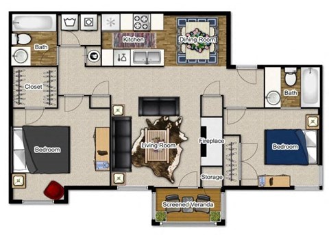 Floor plan for 2 beds, 2 baths, 1041 sqft