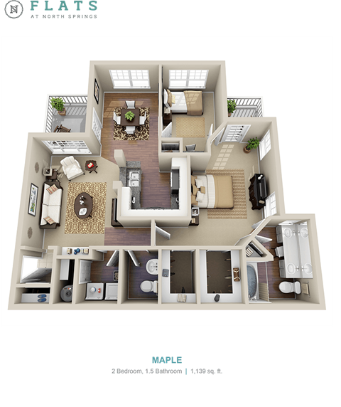 Floor plan for 2 beds, 1.5 baths, 1072 sqft