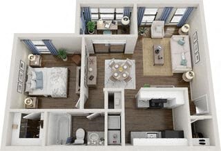 Floor plan for 1 bed, 1 bath, 785 sqft