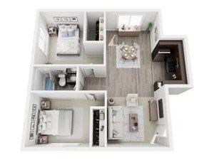 Floor plan for 2 beds, 1 bath, 842 sqft