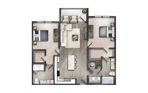 Floor plan for 2 beds, 2 baths, 1057 sqft