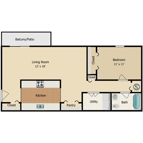 Floor plan for 1 bed, 1 bath, 783 sqft