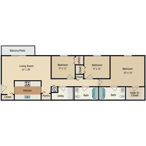 Floor plan for 3 beds, 2 baths, 1187 sqft