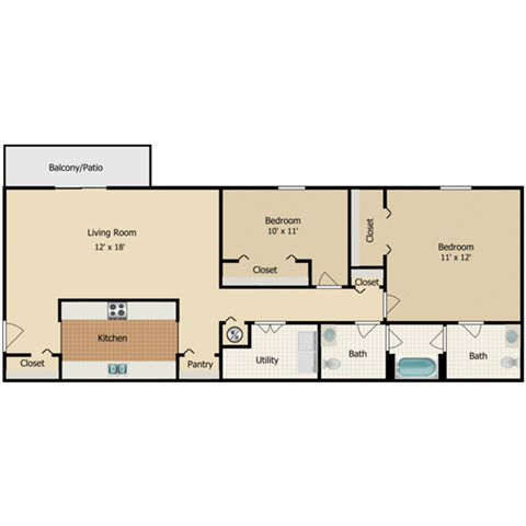Floor plan for 2 beds, 1.5 baths, 957 sqft