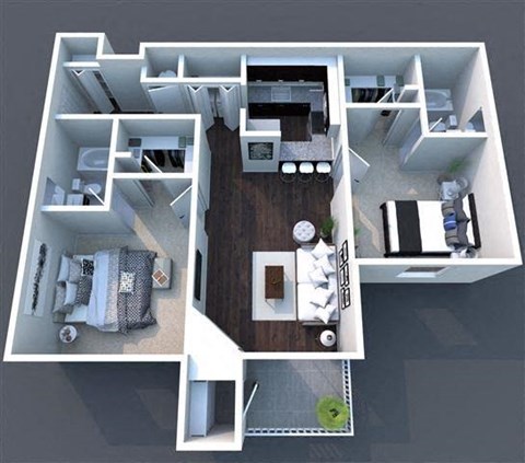 Floor plan for 2 beds, 2 baths, 900 sqft