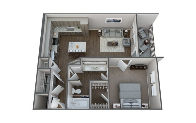 Floor plan for 1 bed, 1 bath, 741 sqft