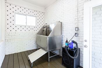 A small room with a sink and a window