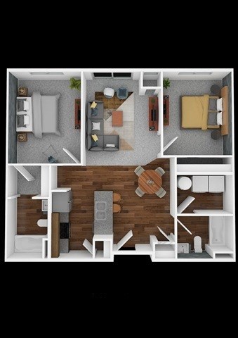 Floor plan for 2 beds, 2 baths, 907 sqft