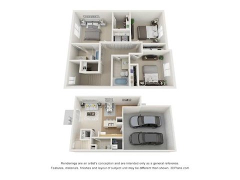 Floor plan for 3 beds, 2.5 baths, 1253 sqft